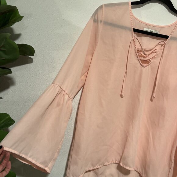 Abercrombie & Fitch Pink Lace Up Neck Long Bell Sleeve Top Womens Medium Sheer - Picture 3 of 12
